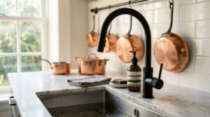 A matte black gooseneck kitchen faucet with pull-down sprayer and knurled handle mounted on a white marble countertop beside an undermount stainless steel sink and hanging copper cookware