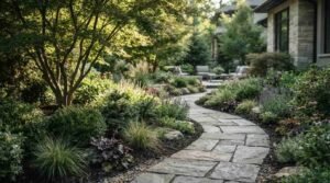 Natural stone flagstone pathway winding through lush garden landscaping, ornamental grasses, and mature trees leading toward a modern residential patio.