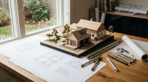 Architectural scale model of a modern two-story home and detached ADU on a wooden desk with drafted floor plans, drafting pens, a compass, and a scale ruler