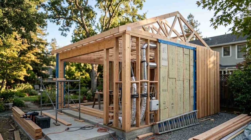 A modern detached ADU structure under construction in a backyard, showing wall cutaways with vertical wood cladding, exterior mineral wool insulation boards, weather barrier, HVAC ductwork rough-in, and timber framing on a concrete pad