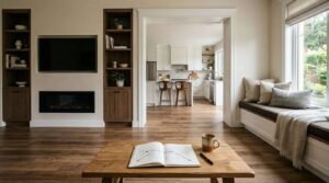 Open-concept living room with dark wood built-in shelves, linear fireplace, and window bench looking into a bright white kitchen.