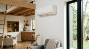 White ductless mini-split heat pump air handler mounted high on a white interior wall in a modern open-concept home with a loft and wooden beams.