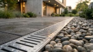 A linear stainless steel slot drain channel with water droplets set between dark concrete pavers and a decorative bed of smooth river rocks outside a modern building