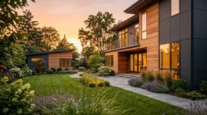 A modern two-story home and matching detached backyard ADU featuring warm horizontal cedar siding, matte charcoal architectural panels, illuminated floor-to-ceiling windows, and a landscaped stone patio at sunset