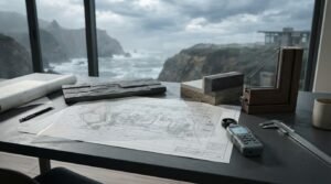 Architectural site plans, material finish samples including slate siding, insulated concrete, and a double-glazed window cross-section on a desk overlooking a dramatic coastal ocean cliff through floor-to-ceiling windows