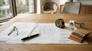Architectural blueprints for "Riverside Residence" spread across a wooden desk, accompanied by a drafting compass, fountain pen, yellow tape measure, safety glasses, and a stack of wood material samples.