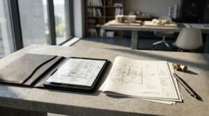 A digital tablet displaying a color-coded plumbing schematic in a leather case next to paper architectural plumbing plans, a brass elbow pipe fitting, and a pen on a concrete table in a modern design office