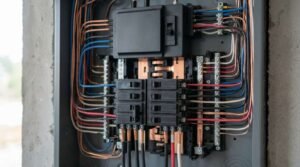 Open electrical circuit breaker panel showing neatly wired copper grounding wires, neutral bus bars, hot conductors, and circuit breakers