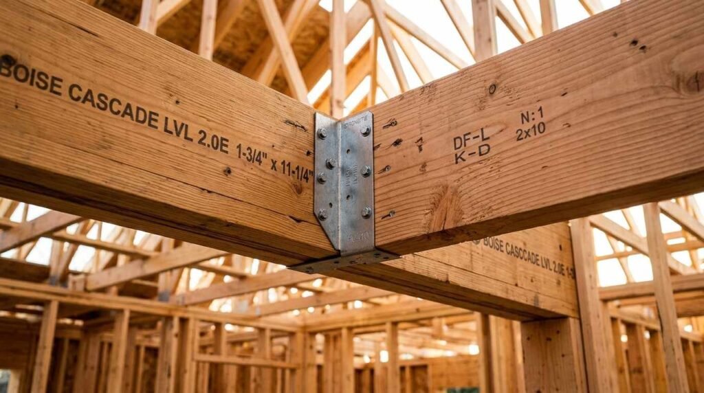 Structural wood framing detail showing a 2x10 joist connected to a Boise Cascade LVL beam using a metal Simpson Strong-Tie joist hanger