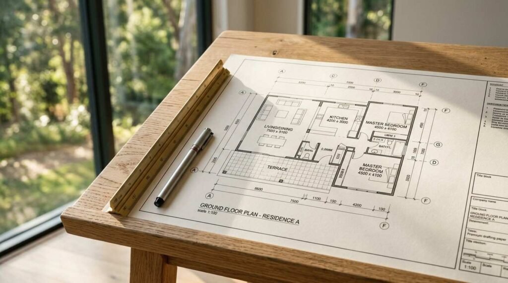 Architectural ground floor plan blueprint labeled "RESIDENCE A" on a wooden drafting table with a brass scale ruler and silver pen near a sunny window