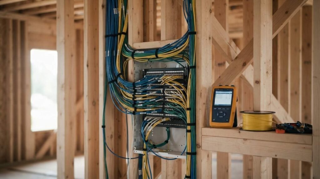 Bundles of blue and yellow network and low-voltage cables neatly organized and terminated in a wall-mounted patch panel attached to wooden framing studs during building construction.
