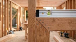 A close-up of a spirit level resting on a precision mitered wood frame corner fastened with structural screws on a residential timber framing construction site