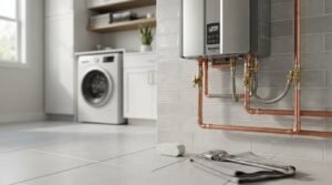 A wall-mounted tankless water heater with exposed copper piping, brass shutoff valves, a smart leak detector, and an adjustable wrench on a towel in a modern laundry utility room