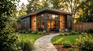Modern backyard ADU with warm cedar siding, black metal panels, flagstone pathway, and patio seating