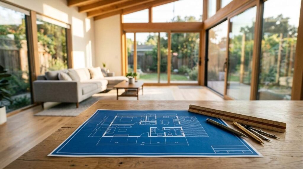 A blue architectural house floor plan blueprint on a wooden table with drafting pens, a compass, and a triangular scale ruler overlooking a bright modern living room with floor-to-ceiling glass doors