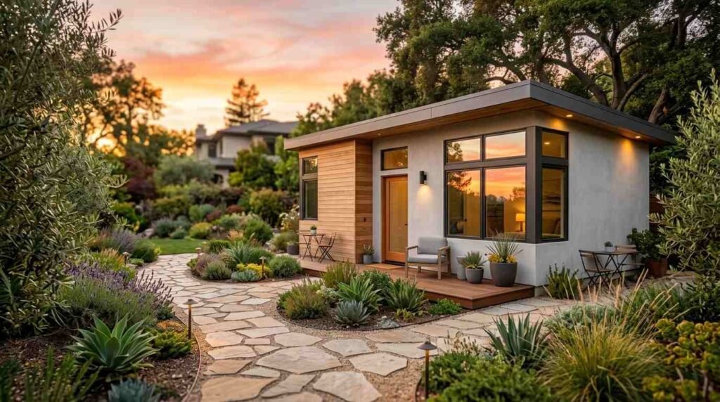 A modern detached backyard ADU with stucco and cedar wood siding, corner picture windows, a wooden patio deck, and a flagstone pathway surrounded by drought-tolerant landscaping at sunset