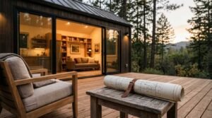 Rolled architectural blueprints secured with a leather strap on an outdoor wooden deck table, with a modern, warmly lit cabin in the forest background