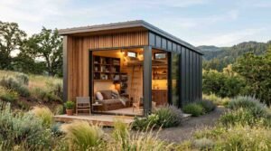 Exterior view of a modern tiny home with vertical wood slats and dark metal cladding, featuring large sliding glass doors revealing a lofted bed, living area, and kitchen in a rural landscape