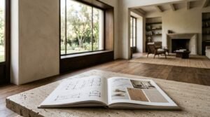 Open architectural portfolio book resting on a textured travertine table in a modern organic home with large windows and a stone fireplace