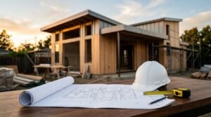 Architectural floor plan blueprints unrolled on a wooden table alongside a white hard hat, yellow tape measure, and pencil, overlooking a modern wood-clad home under construction at sunset