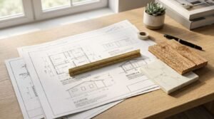 Architectural floor plan, elevation, and cross-section blueprints laid out on a light oak desk with a brass scale ruler, marble countertop sample, natural wood swatch, and fountain pen