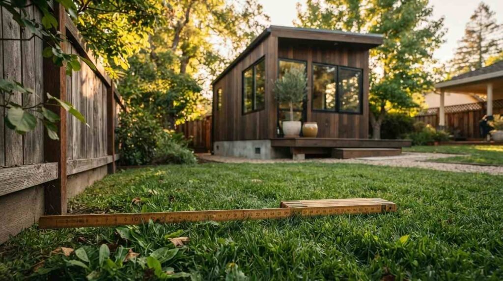 A vintage folding wooden ruler lying on a green lawn measuring setback distance between a wooden fence and a modern backyard studio shed