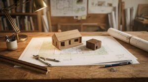 A minimalist wooden house model and detached ADU block set on site plot plan blueprints, with drafting tools, rolled plans, and a brass desk lamp on a workbench