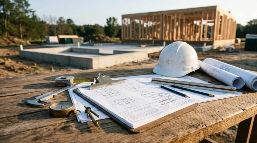 Outdoor wooden jobsite table featuring approved building permit blueprints on a clipboard, a white hard hat, rolled architectural plans, measuring tape, calipers, a compass, and a scale ruler with a residential wood-framing construction site in the background.