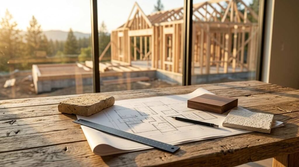 Rustic wooden work table displaying an architectural floor plan, a dark scale ruler, a pencil, and stone and wood material samples with a house wood-framing construction site visible through the window.