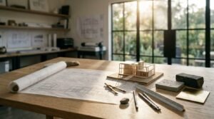 Architectural drafting desk in a sunlit studio featuring a miniature house model, rolled blueprints, drafting compass, rulers, and material samples.