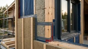 Exterior wall assembly of a custom residential home under construction featuring rigid insulation boards, mineral wool insulation, flashing tape around a double-glazed window frame, wooden framing studs, and exterior scaffolding.
