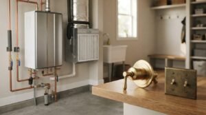 Wall-mounted tankless water heater with copper piping and HVAC air filter unit in a utility room, with brass shower trim and a double light switch plate on a counter in the foreground