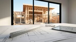 A triangular architect's scale ruler, reading glasses, and a digital tablet displaying floor plans resting on printed ADU blueprints on a white desk overlooking a timber-frame house under construction