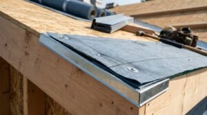 Synthetic roof underlayment fastened with plastic cap nails over OSB decking and galvanized metal drip edge flashing along the roof eaves during construction