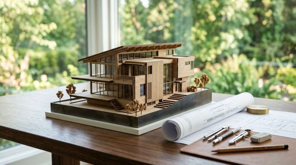 Detailed wooden architectural scale model of a modern multi-story house alongside rolled blueprints and drafting tools on a wooden desk