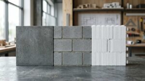 Side-by-side comparison of three common foundation materials—smooth poured concrete, concrete masonry units (CMU blocks), and white insulated concrete forms (ICF)—displayed on a workbench in an architectural office.