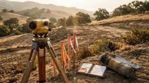 Construction surveying transit on a wooden tripod, marked survey stakes with colored ribbons, a soil sample core in a metal case, and an open field notebook on the ground of a graded hillside construction site.