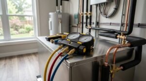 Digital HVAC manifold gauge set with connected yellow, red, and blue service hoses resting on a mechanical unit inside a utility room featuring insulated copper refrigerant lines and a water heater.