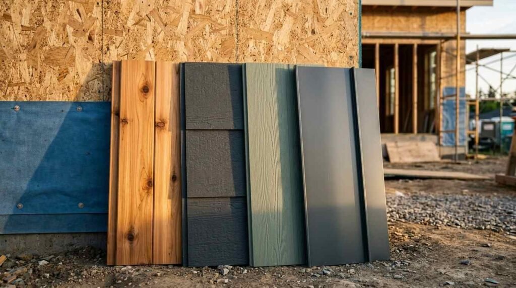 Exterior siding material samples leaning against a construction site wall with oriented strand board (OSB) sheathing and house wrap, featuring natural wood planks, dark gray shingle siding, green lap siding, and metal standing seam panels.