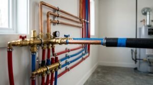 Professional plumbing manifold installation featuring organized copper supply pipes, red and blue PEX lines, shut-off valves, and pressure gauges mounted on a white wall near a water heater.
