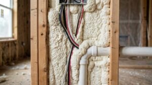 Close-up view of spray polyurethane foam insulation filling a wood wall cavity, encapsulating electrical wiring cables and a white PVC pipe on a residential construction site.
