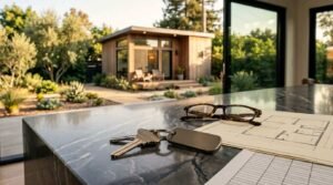 A brushed metal keychain with house keys, tortoiseshell eyeglasses, and architectural floor plans resting on a polished dark marble countertop overlooking a modern backyard ADU cottage through an open glass sliding door