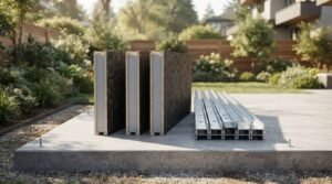 Structural insulated panels (SIPs) and a stack of galvanized light-gauge steel framing studs staged on a concrete slab foundation in a residential backyard for ADU construction