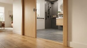 A wide, zero-threshold doorway with a natural oak pocket sliding door opening into an accessible modern bathroom featuring matte black grab bars, gray tile flooring, and a walk-in shower