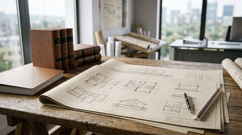 Architectural building blueprints laid out on a wooden desk with leather-bound books, scale ruler, and fountain pen in a high-rise office with city views