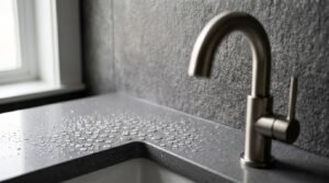 Water droplets beading on a waterproof grey quartz countertop beside a brushed nickel gooseneck faucet