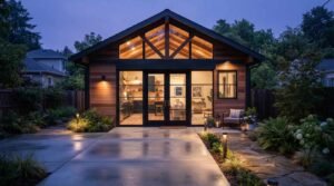 A modern detached garage converted into an illuminated ADU guest house at dusk, featuring horizontal wood siding, a gable clerestory window wall, and outdoor patio lighting along a concrete driveway