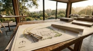 An architectural site plan featuring a north compass rose, topographic contour lines, and building footprints laid out on a wooden drafting table alongside a brass drafting compass and scale ruler inside a light-filled studio with large windows overlooking a green landscape.