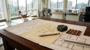 Architectural floor plans on a wooden table with tracing paper, a metallic silver pen, dark stone paperweight, corrugated metal sample, and scale ruler in a high-rise office