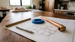 Architectural blueprints spread across a wooden drafting table alongside a metal scale ruler, mechanical pencil, a coiled blue PEX line, and a copper pipe with a threaded brass elbow fitting.